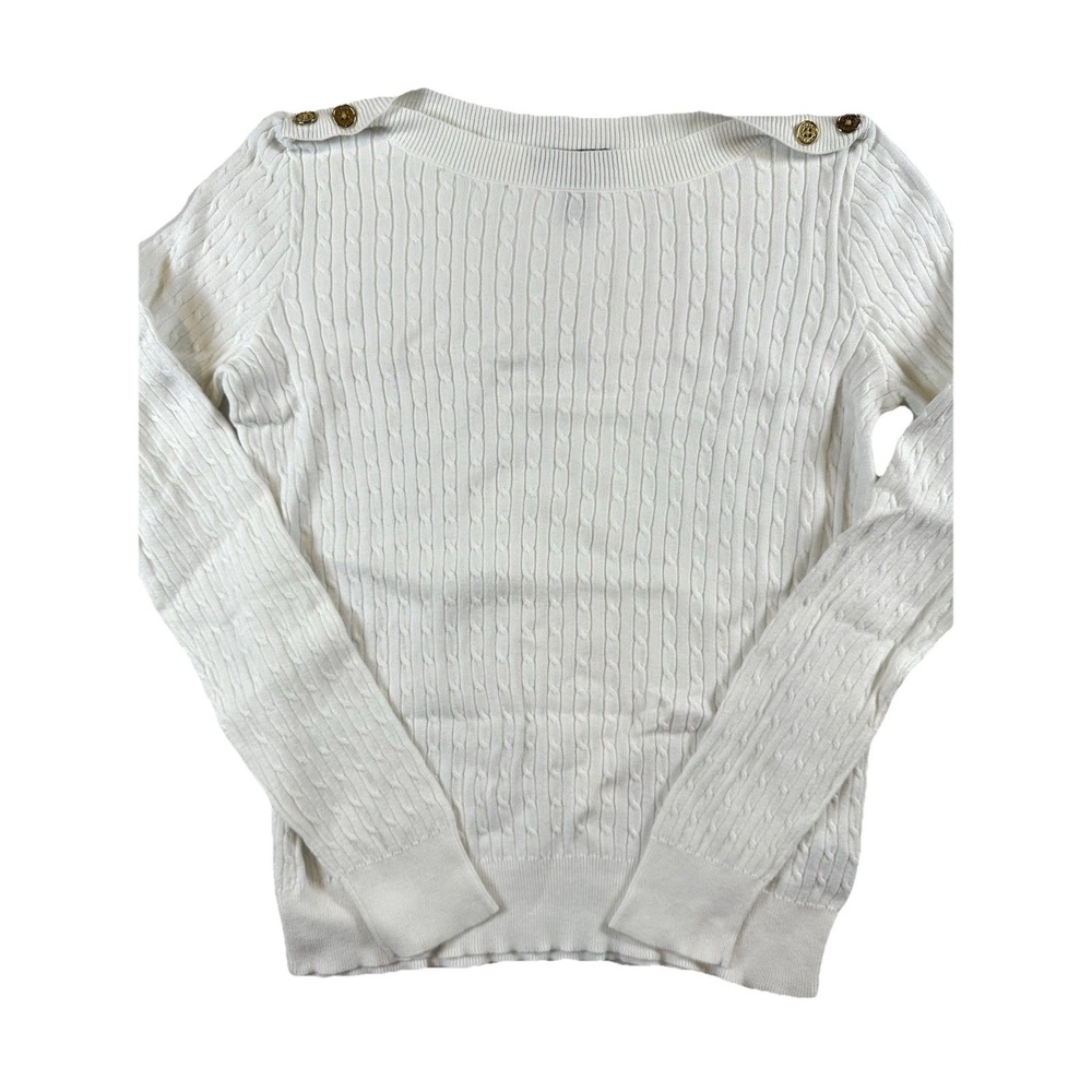 Lauren Ralph Lauren White 100% Cotton Golden Button Cable Knit Sweater‎ Size M